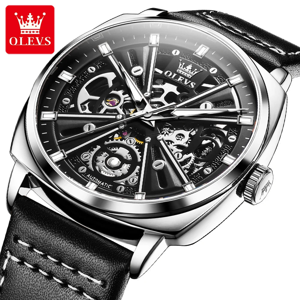 OLEVS 6685 Men's Luxury Skeleton Watch -Automatic Mechanical Sports Watch with Luminous Dial and Genuine Leather Strap