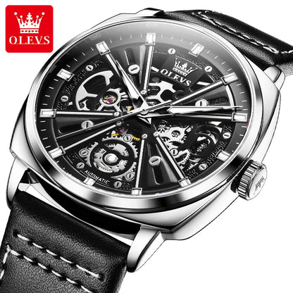 OLEVS 6685 Men's Luxury Skeleton Watch -Automatic Mechanical Sports Watch with Luminous Dial and Genuine Leather Strap