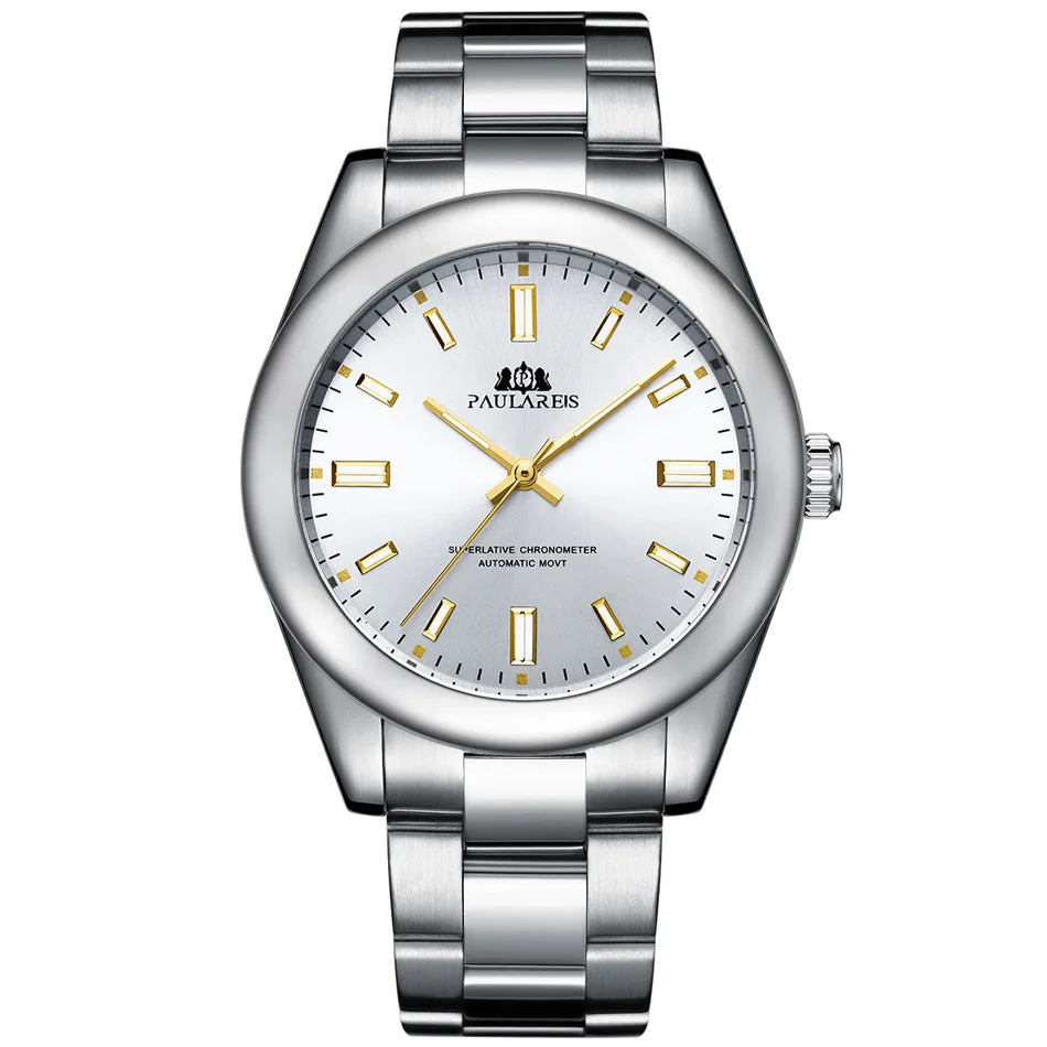 PAULAREIS Luxury Men’s Automatic Watch – Luminous Sky Blue Dial, Waterproof Mechanical Wristwatch with Stainless Steel Band Allen