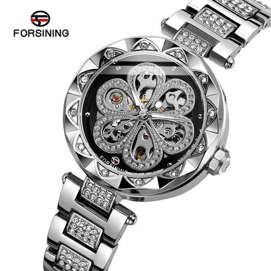 Forsining 342 Women's Automatic Mechanical Watch – Elegant Flower Design, Stainless Steel Fashion Wristwatch