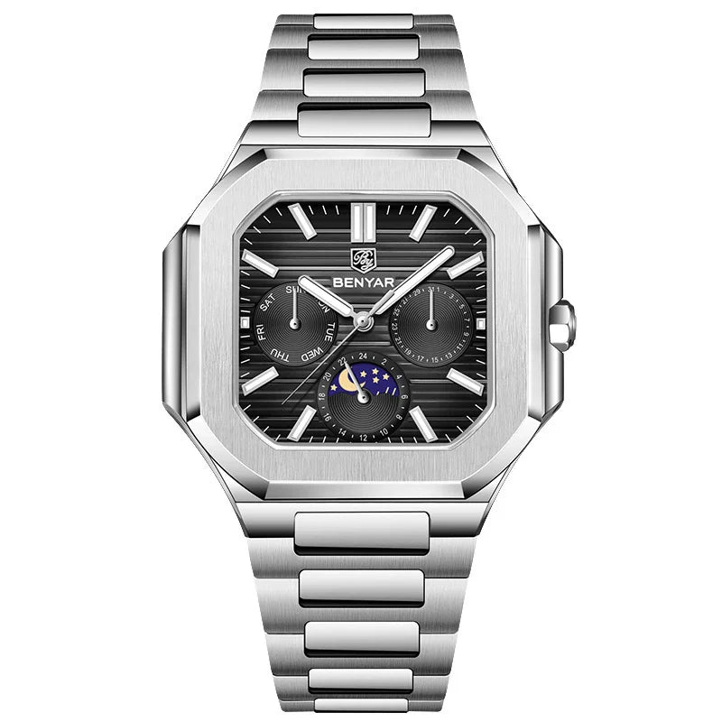 BENYAR 5221 Men’s Square Quartz Watch 37mm – Stainless Steel Waterproof Business Wristwatch, Fashion Gift for Men