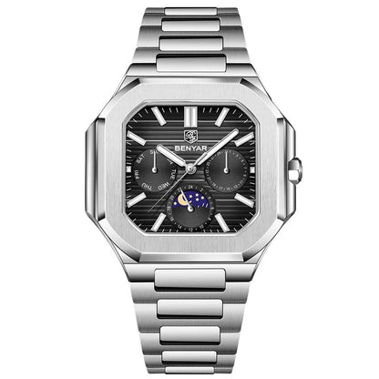 BENYAR 5221 Men’s Square Quartz Watch 37mm – Stainless Steel Waterproof Business Wristwatch, Fashion Gift for Men