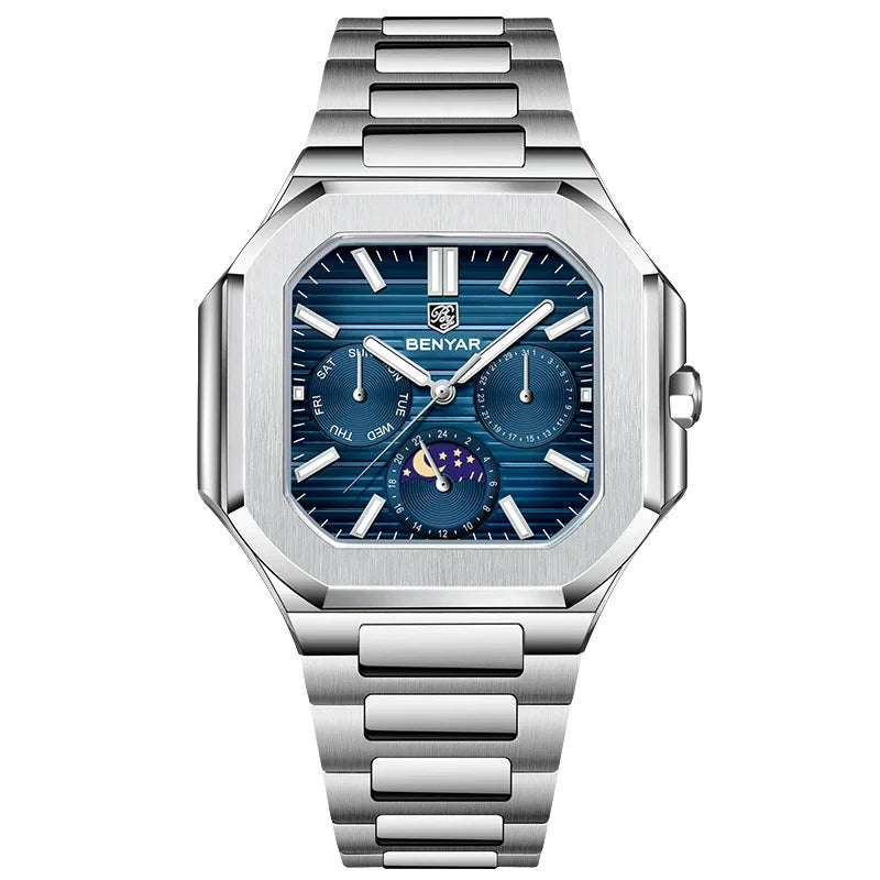 BENYAR 5221 Men’s Square Quartz Watch 37mm – Stainless Steel Waterproof Business Wristwatch, Fashion Gift for Men