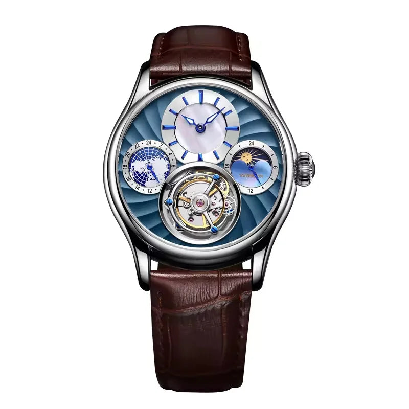 AESOP 7017 Luxury Men's Mechanical Watch – Skeleton Dial, Moon Phase Chronograph, Sapphire Crystal, Stainless Steel Tourbillon Wristwatch