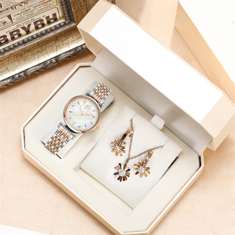 Shengke Women’s Waterproof Quartz Watch Set – Elegant Necklace & Earrings Jewelry Gift Thalia