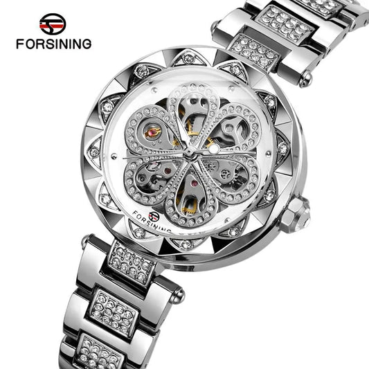 Forsining 342 Women's Automatic Mechanical Watch – Elegant Flower Design, Stainless Steel Fashion Wristwatch