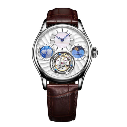 AESOP 7017 Luxury Men's Mechanical Watch – Skeleton Dial, Moon Phase Chronograph, Sapphire Crystal, Stainless Steel Tourbillon Wristwatch