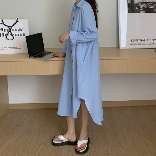 Women Loose Cotton Linen Shirt Dress Single Breasted Long Sleeve Top Spring Summer Lady Casual Dress