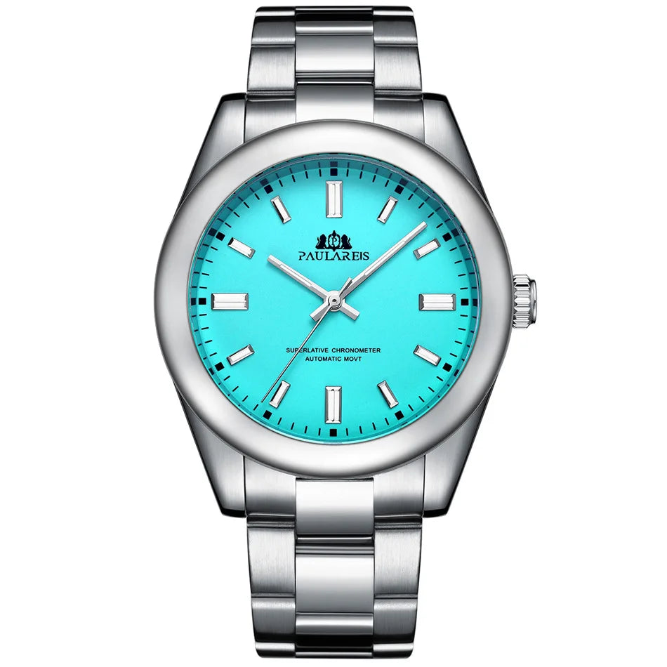 PAULAREIS Luxury Men’s Automatic Watch – Luminous Sky Blue Dial, Waterproof Mechanical Wristwatch with Stainless Steel Band Allen