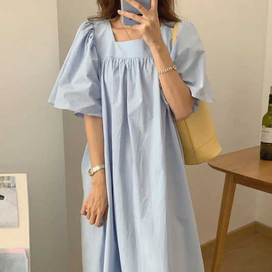 Women Summer Long Dress Minimalist Temperament Square Neck Loose Pleated Flying Sleeves Casual
