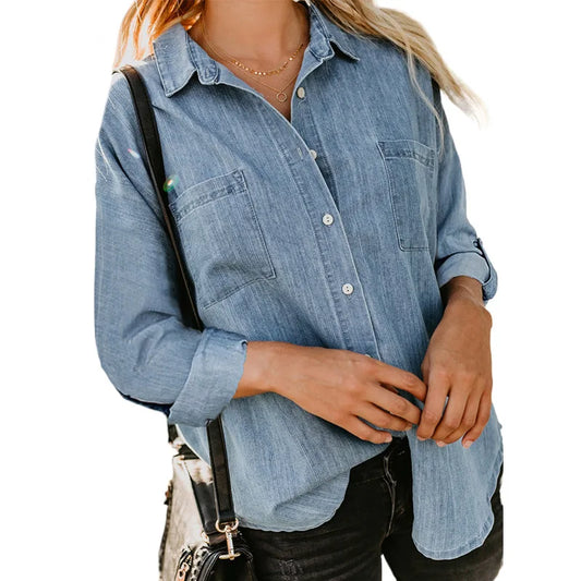 Women Denim Shirt Loose Double Pocket Long Pure Color Sleeve Versatile Shirt