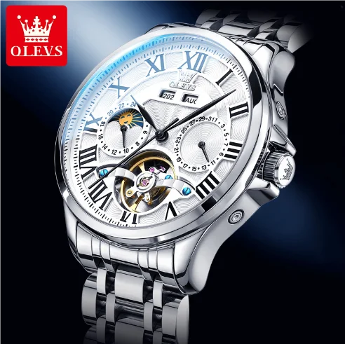 OLEVS 7013 Men's Moon Phase Mechanical Watch – Roman Scale, Hollow Flywheel, Waterproof Automatic Timepiece