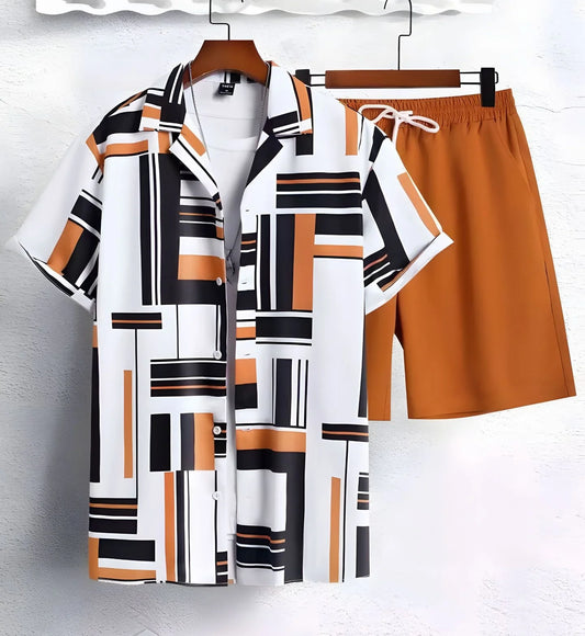 Men's Summer Outdoor Beach Set - Casual Short Sleeve Shirt & Elastic Waist Shorts, 2-Piece Outfit