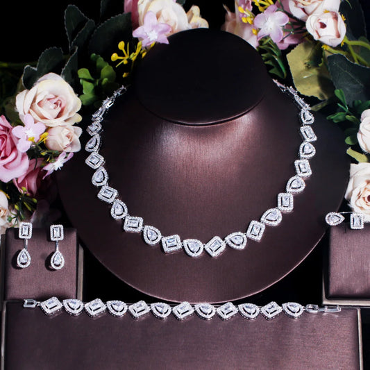 Silver Water Drop Cubic Zirconia Jewelry Set – 4pcs Ring, Bracelet, Earrings & Necklace | Luxury Accessories for Women Angelique