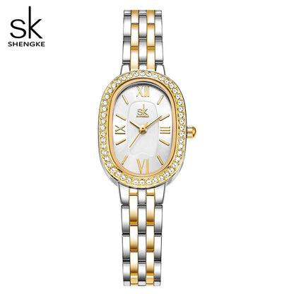 Shengke Women's Luxury Oval Crystal Watch – Elegant Diamond-Accented Fashion Wristwatch with Alloy Bracelet for Girls and Women