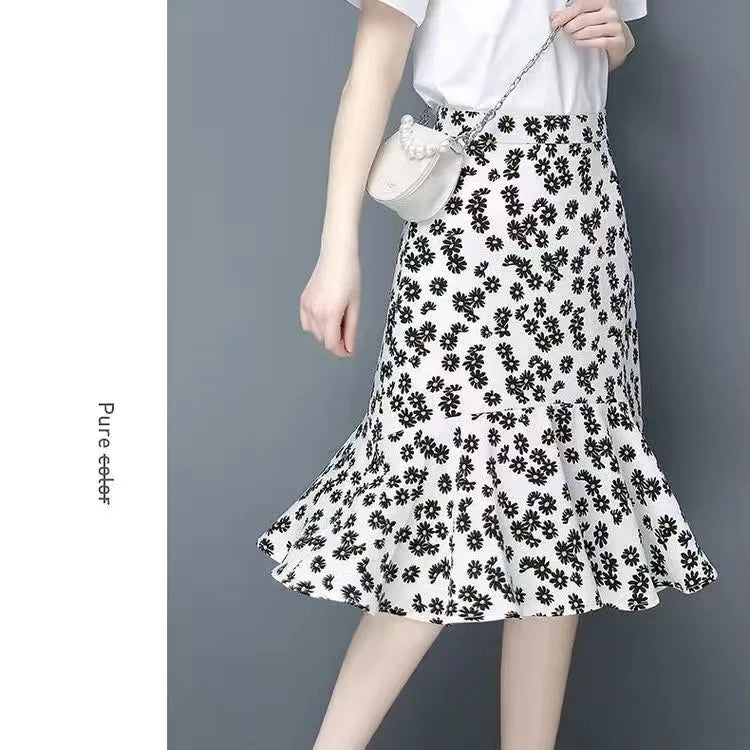 Women Girls Dot Printed Fishtail Skirt Ruffles Irregular Hem Bandage Belt Mermaid Dress Long Skirt