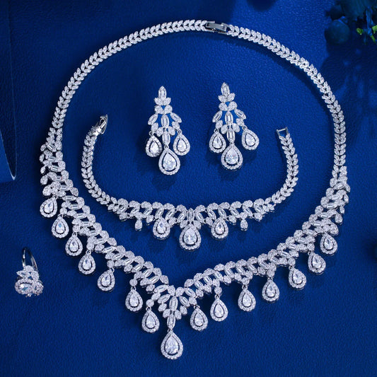 4pcs Luxury Cubic Zirconia Tassel Jewelry Set for Women – Big Necklace, Earrings, Bracelet & Ring | Bridal Wedding Jewelry Anne-Claire