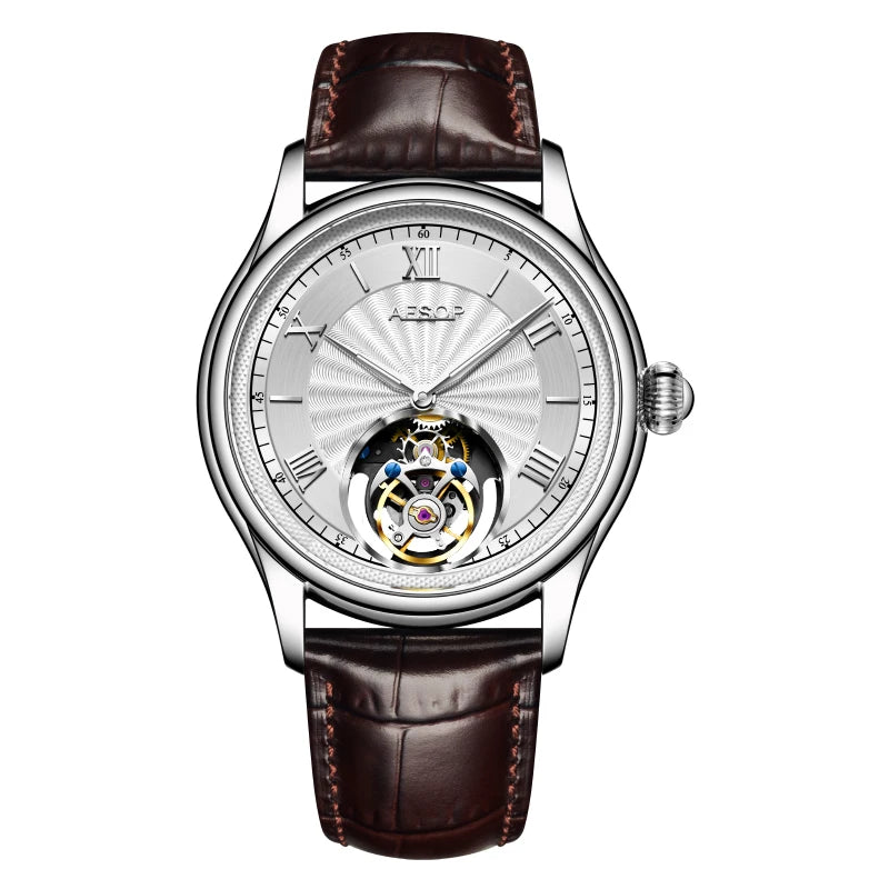 AESOP 7041 Luxury Skeleton Tourbillon Men’s Watch – Roman Numerals, Stainless Steel, Sapphire Crystal Automatic