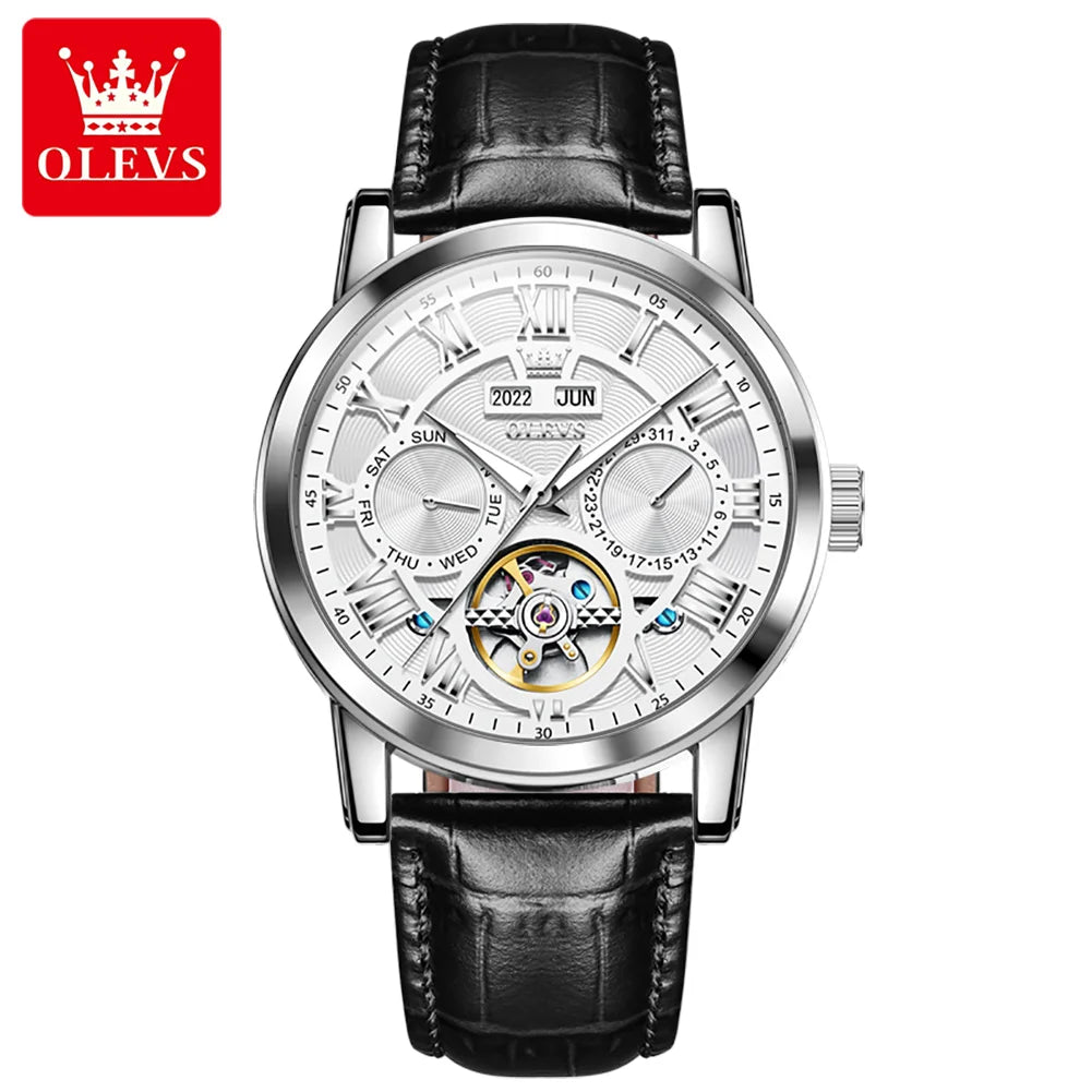 OLEVS 6668 Men's Mechanical Watch - Luxury Business Wristwatch with Genuine Leather Band, Waterproof and Luminous Design