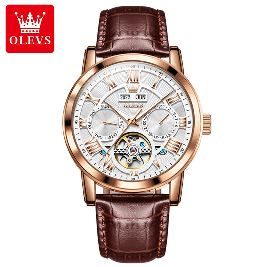 OLEVS 6668 Men's Mechanical Watch - Luxury Business Wristwatch with Genuine Leather Band, Waterproof and Luminous Design
