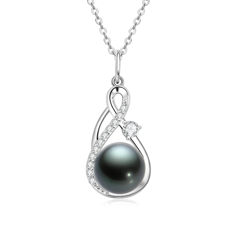 925 Sterling Silver Moissanite 10mm Natural Tahitian Black Pearl Infinity Pendant Necklace for Women