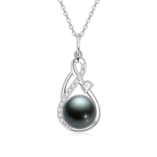 925 Sterling Silver Moissanite 10mm Natural Tahitian Black Pearl Infinity Pendant Necklace for Women