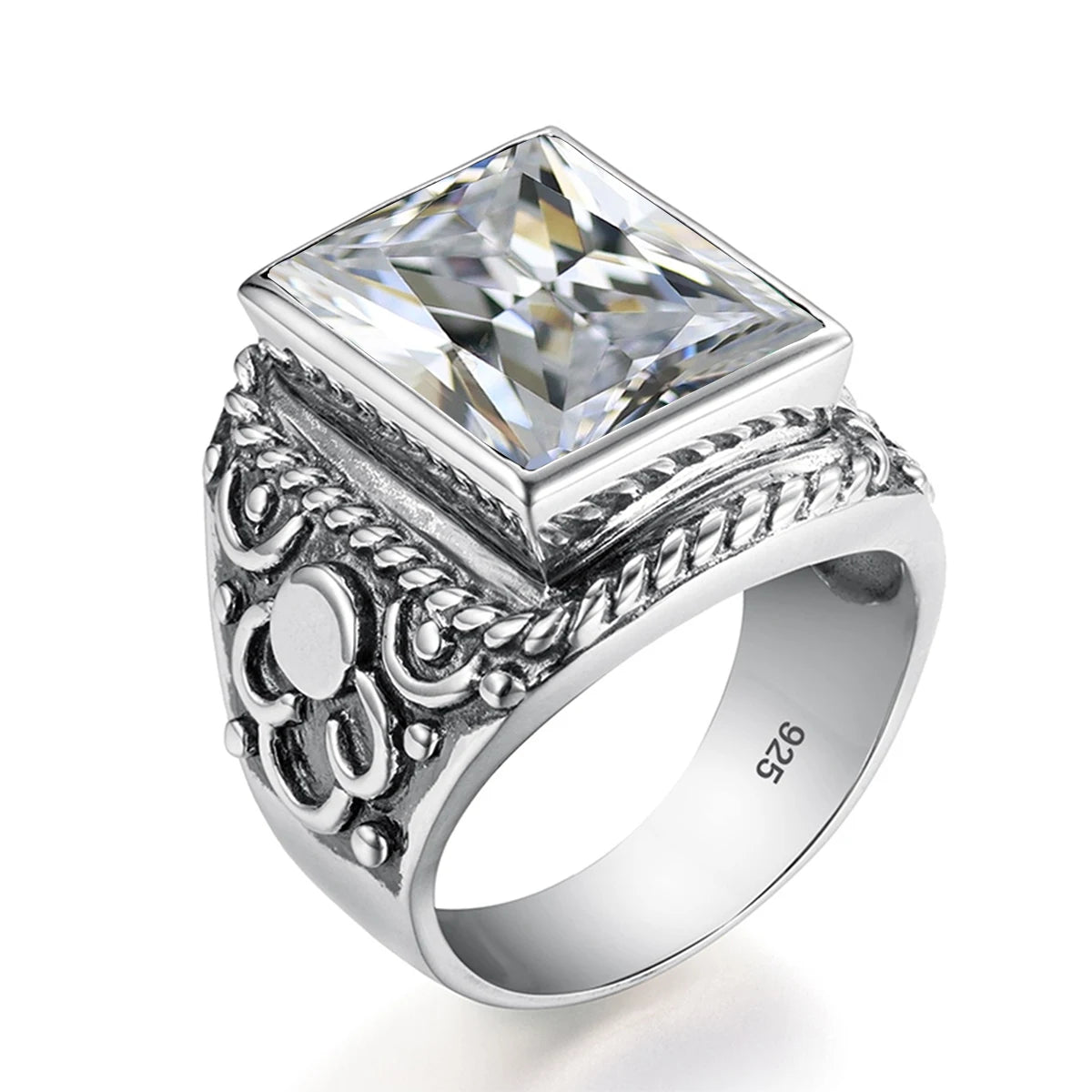 Vintage Filigree 925 Sterling Silver Men’s Ring – Turkish Black Agate Gemstone, Rhodium Plated Floral Design Andreas