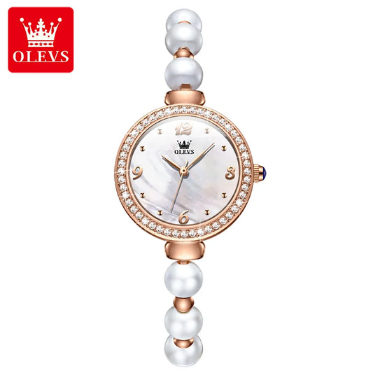 OLEVS 9968 Women's Luxury Leather Wristwatch – Quartz Bracelet Watch with Diamond Accents and Pearl Winding Mélusine