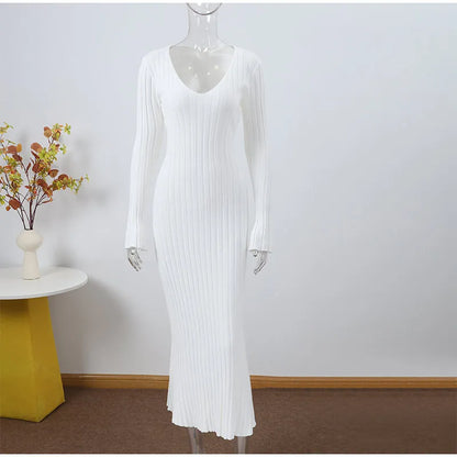 Elegant Ribbed Knit A-Line Maxi Dress for Women – Fall Winter V-Neck Long Dress | Simple & Chic Style Alexa