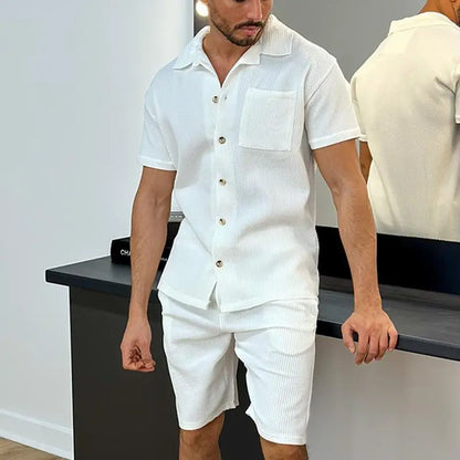 Men's Two-Piece Summer Outfit | Casual Solid Rib Short-Sleeve Shirt & Shorts with Drawstring Pockets - Perfect for Beach & Holidays Matthew