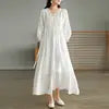 Women Casual Dress Long Sleeve Solid Color V Neck Midi Cotton Linen Dress Linen Dresses Women