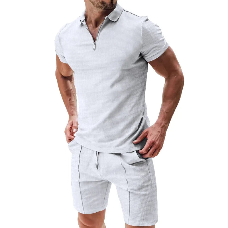 Men's Summer Polo Shirt Set | Solid Color Waffle Short-Sleeve Slim Lapel T-Shirt & Casual Outfit Carlo