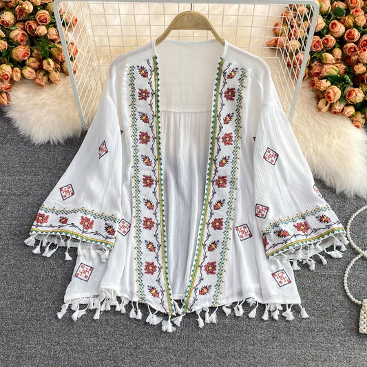 Women's Bohemian Ethnic-Style Loose Embroidered Tassel Top – Seaside Vacation Sun Protection Shawl Shirt