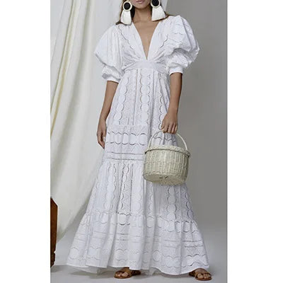 Women's Lace Dress with Deep V-Neckline | Bubble Sleeves & Timeless Elegance Camila