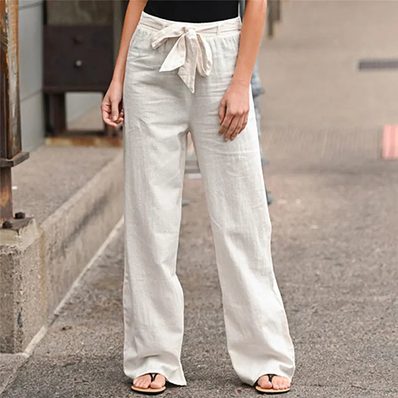 Women Linen Cotton Pants Wide Leg Casual Summer Solid Color