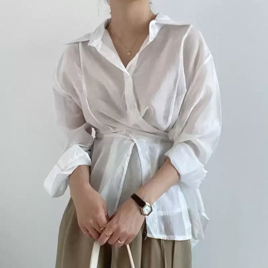 Women's Tie Waist Long Sleeve Shirt with Lapel and Irregular Hem