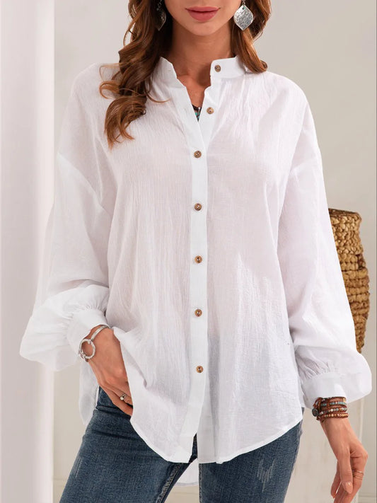 Women Solid Color White Loose Tops Long Sleeve Casual Shirts Stand Collar Button Spring Shirt