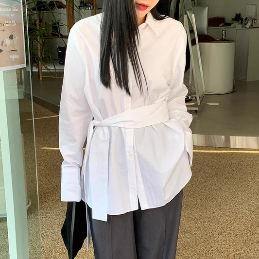 Women's Vintage White Shirt | Autumn Lapel Single-Breasted, Strap Waist Cinching, Versatile Long-Sleeve Design Cassie