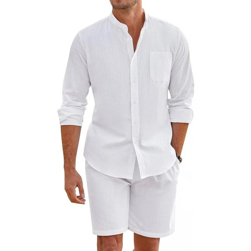 Men Cotton Linen Comfortable Button Shirt Long Sleeve + Shorts Set Simple Two-Piece Set Casual Beach Wear Men's Suits
