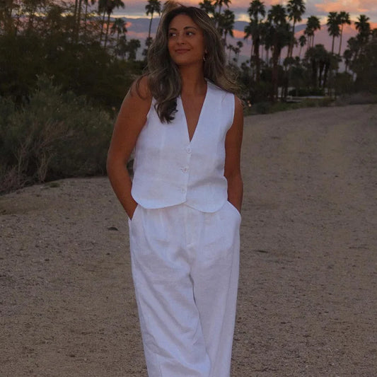 Summer White Linen Two-Piece Set for Women | Fashion Sleeveless Tank Top with High-Waist Wide-Leg Pants Myles