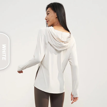 Women's Nude Feeling Workout Top | Split Hem Long Sleeve Hooded Yoga Shirt