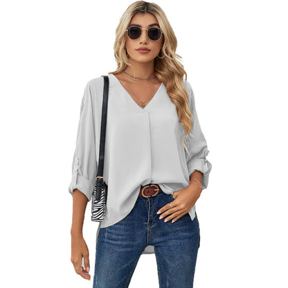 Women's Chiffon Blouse – Solid Color V-Neck Long Sleeve Casual Fashion Top