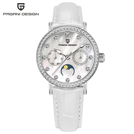 PAGANI DESIGN 1789 Women's Luxury Quartz Watch - Moon Phase, Calendar, Leather Strap, Elegant Fashion Reloj Mujer
