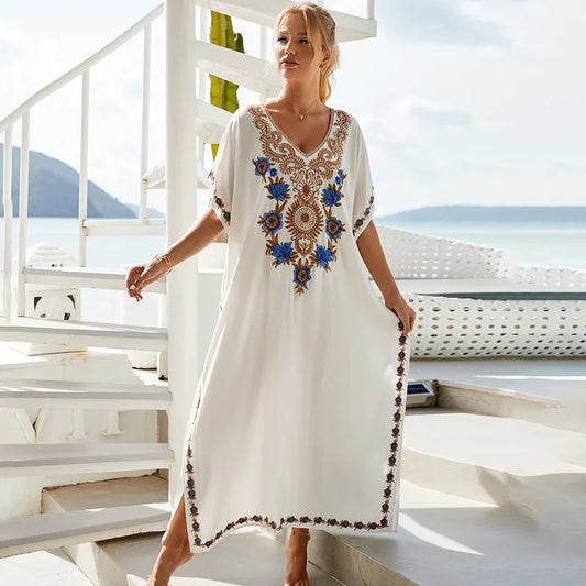 Women’s Embroidered Beach Cover-Up Dress – Long Skirt Gown with Sun Protection