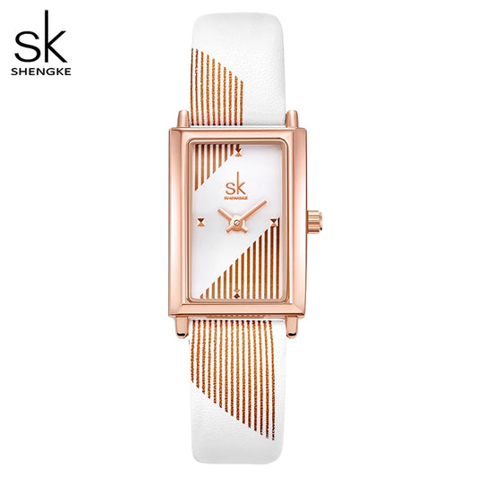 Shengke Women's Designer Rectangle Watch – Elegant Ladies Wristwatch with Leather Band and Quartz Movement Chantal