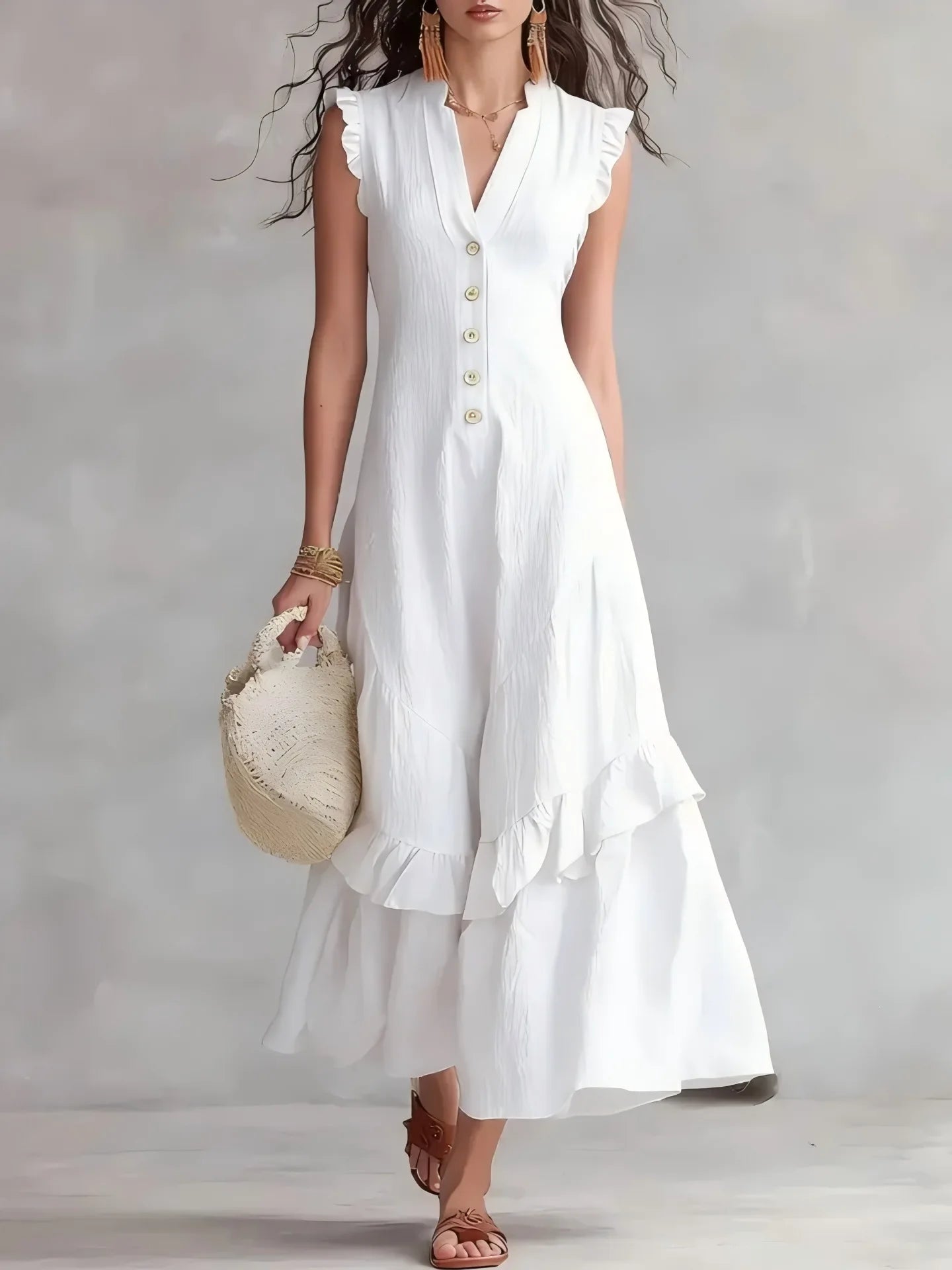Women's Elegant Ruffle Long Dress | Casual Button-Down Maxi Dress Lindsay