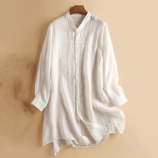 Women Long Shirts Cotton Linen Stand Collar Retro Long Sleeve Button Spring Summer Tops Casual Shirt