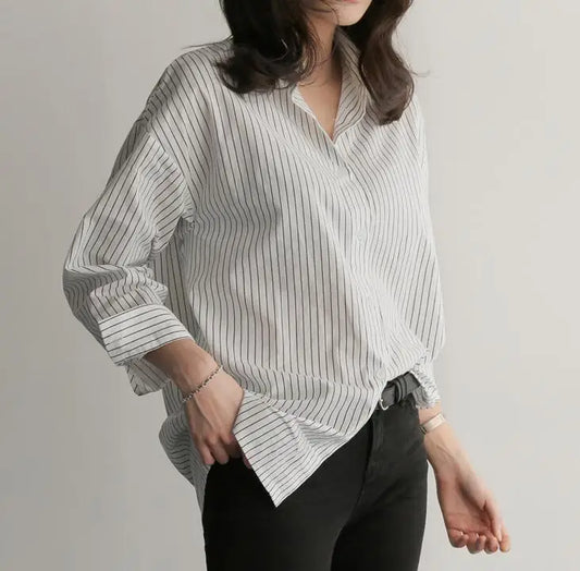 Women’s Spring and Autumn Cotton Striped Blouse – Loose Casual Long Sleeve V-Neck Button-Up Shirt with Lapel Design Ciara