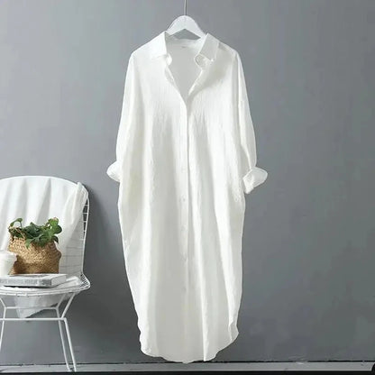 Women Loose Cotton Linen Shirt Dress Single Breasted Long Sleeve Top Spring Summer Lady Casual Dress