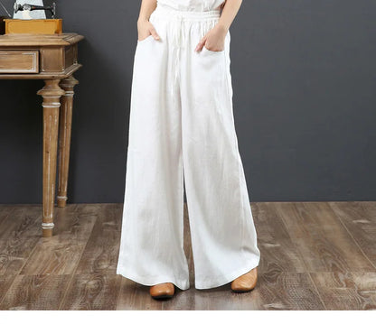 Women's Retro High-Waist Wide-Leg Cotton Linen Pants - Loose Fit, Plus Size Casual Trousers